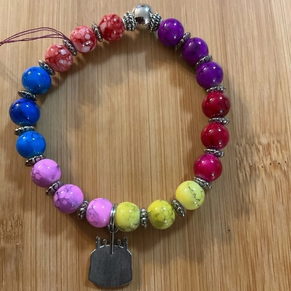 Hand Crafted Charm Bracelet Happy Birthday Pink Blue Yellow Red Amethyst Silver
